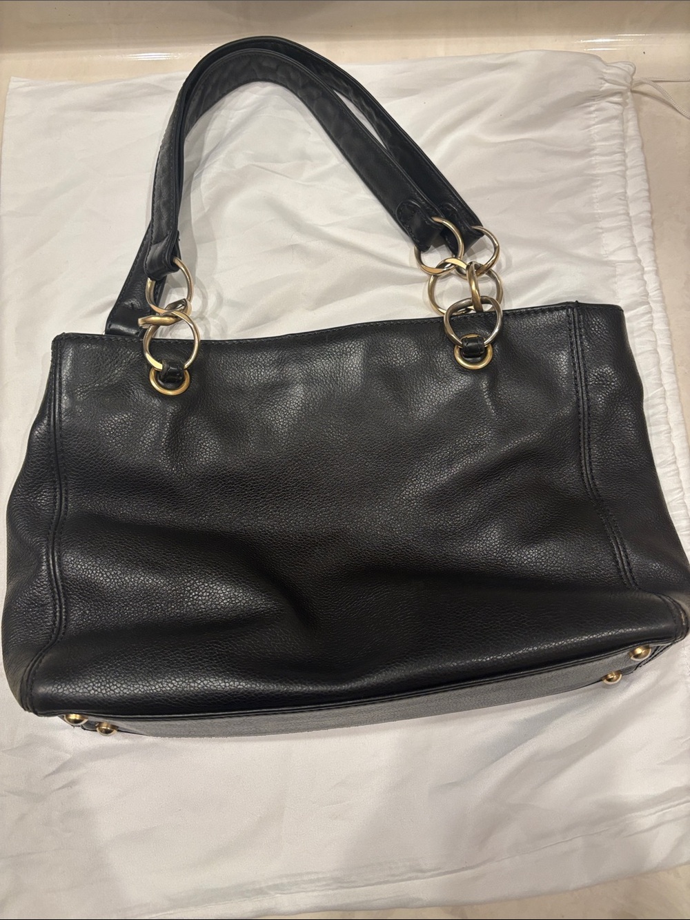 CHANEL Black Leather Shoulder Tote with Gold Ring Hardware - Picture 2 of 3